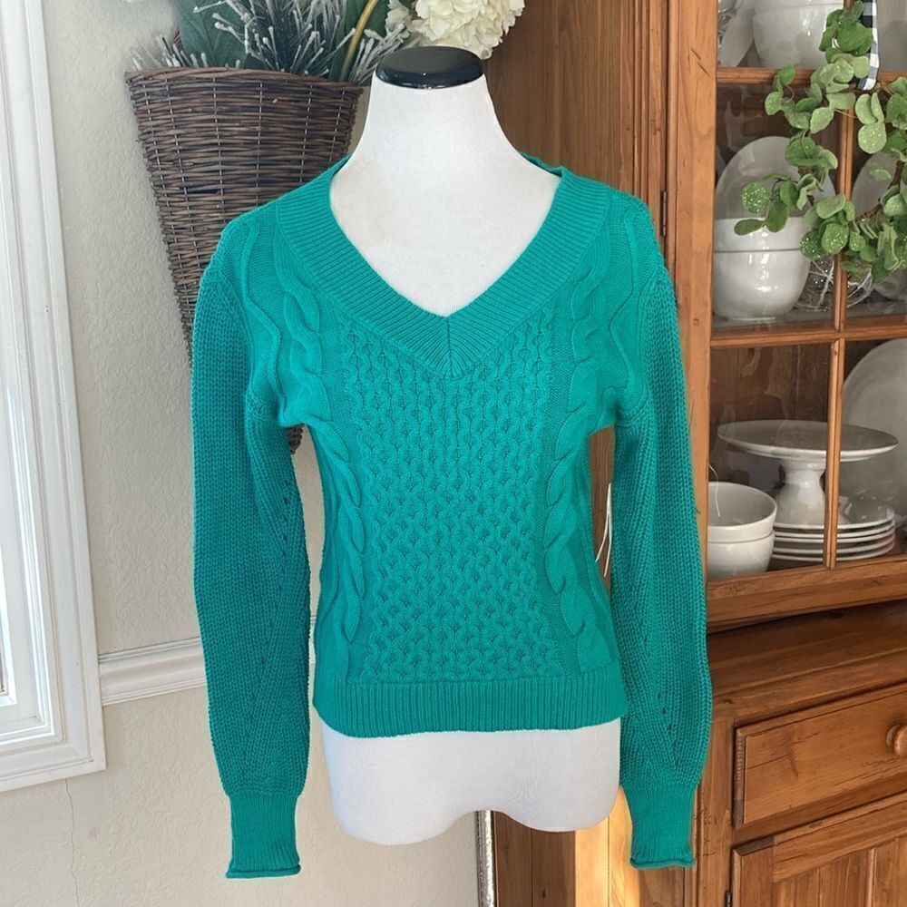 New Abound V-Neck Cable Knit Pullover Green Sweater Size XS
